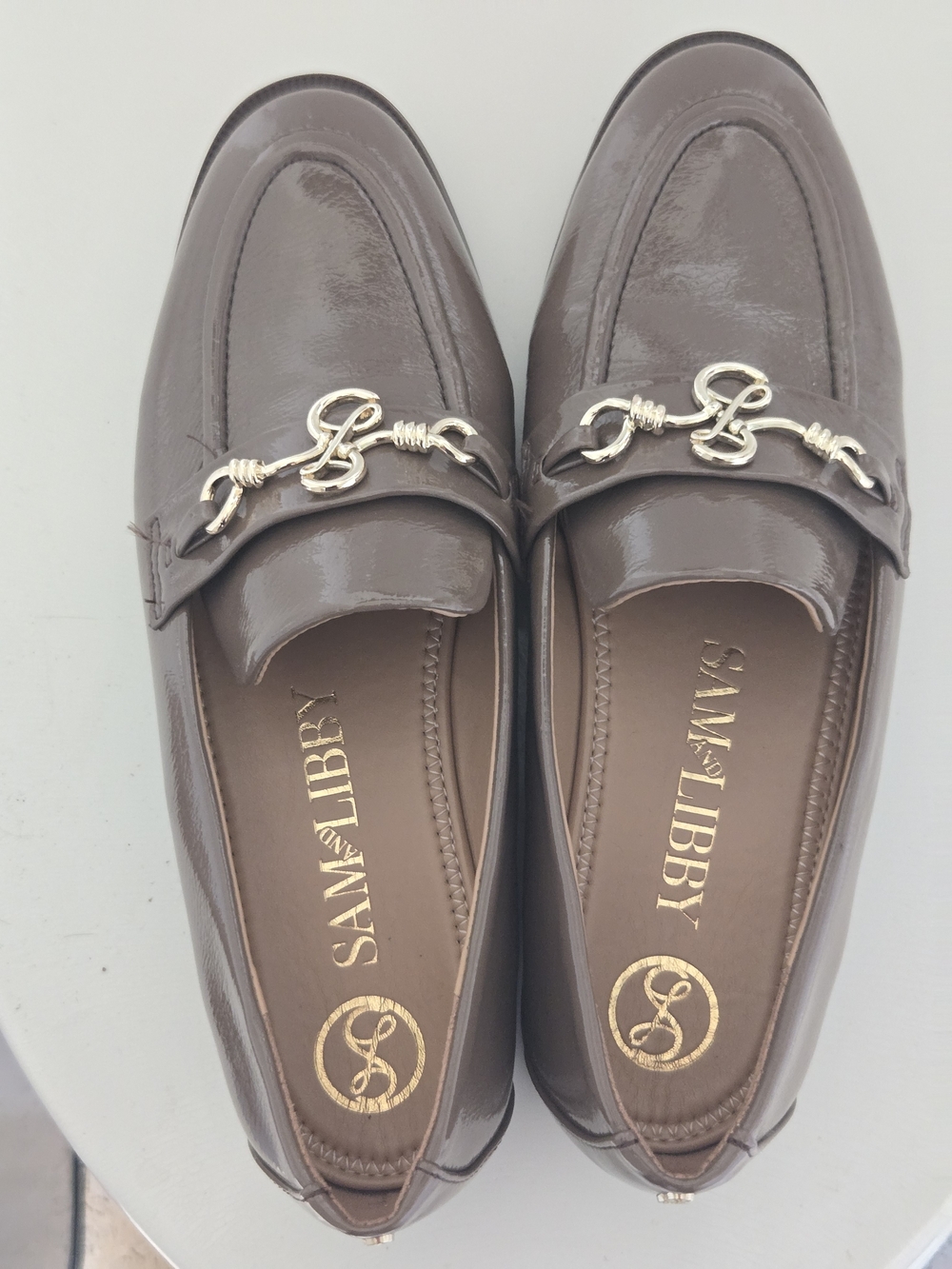 Sam & Libby Brown Patent Loafers with Gold Chain Trim
